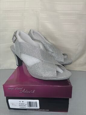 Easy Street Christy Peep Toe Slingback Sandals Silver Glitter Size 12M